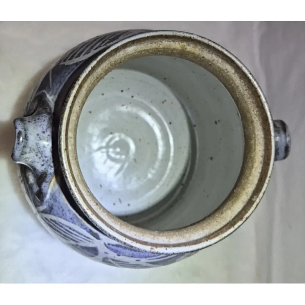 Blue Floral Art Pottery Jar 8.5 tall with Lid